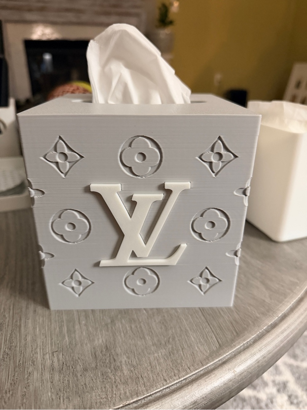 3D Printer Luxury-Inspired Gray Decorative Tissue Box Cover with White Monogram
